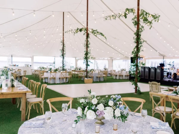 white tuscan lighting in sailcloth tent