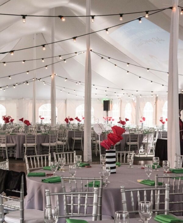 Tuscan Lighting under a Pole Tent with Center Pole Draping and Silver Chiavari Chairs for an Outdoor Wedding