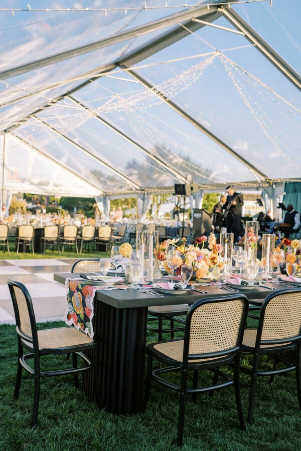 clear top frame tent with lighting, set up for wedding