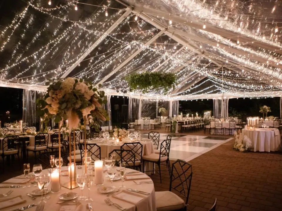 Galaxy Waterfall Lighting inside a Clear Top Tent for a Winterthur Wedding