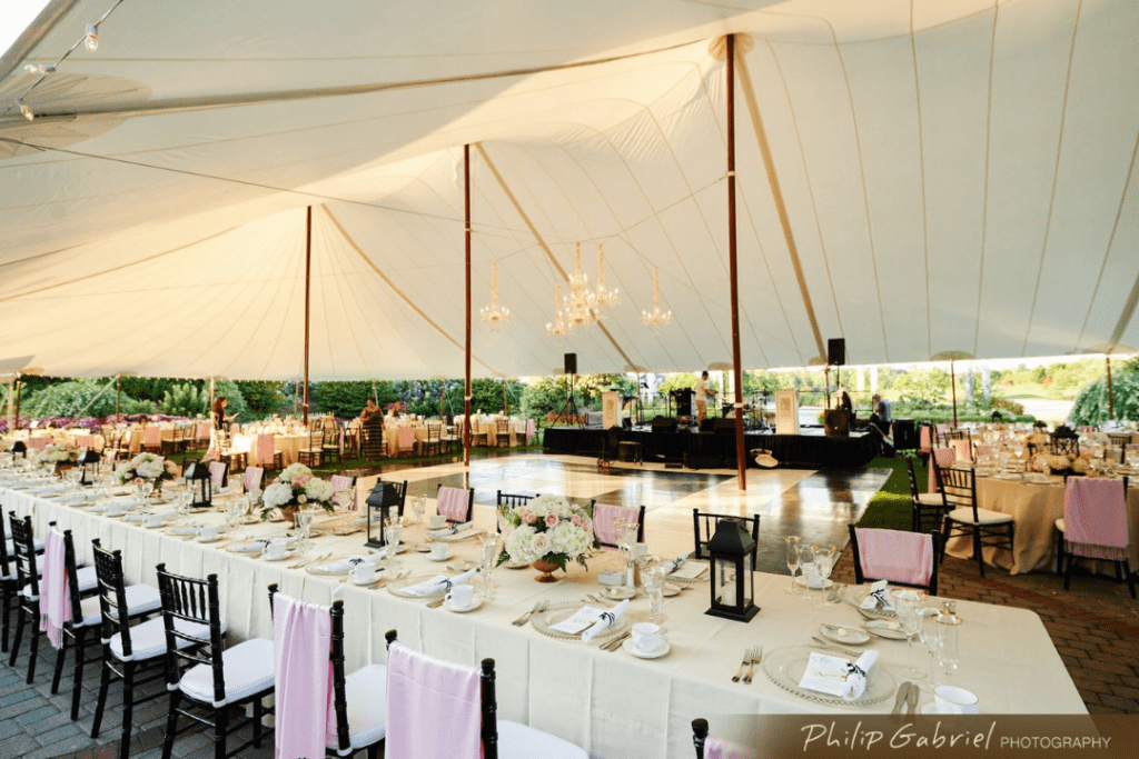 Interior of a tent for a wedding at the clubhouse at baywood 