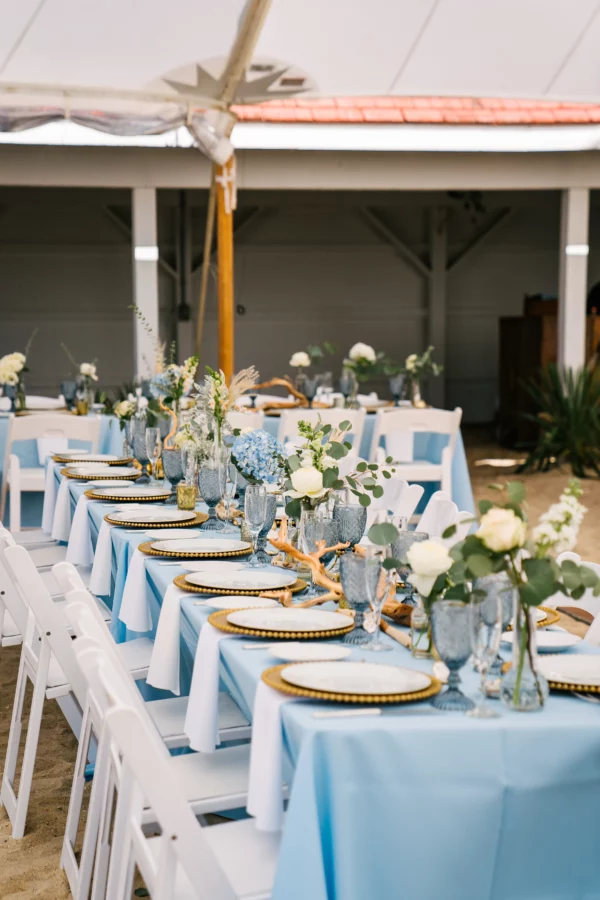 blue and white beach wedding reception