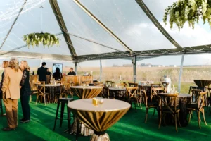 cocktail style wedding reception in clear tent