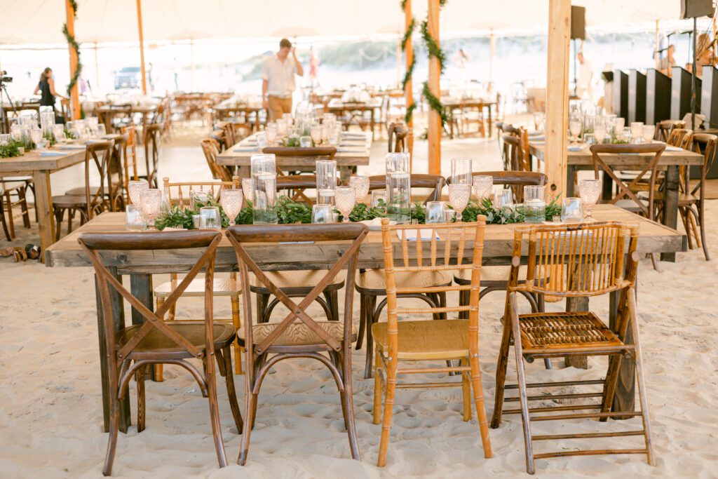 farm tables with mix and match chairs