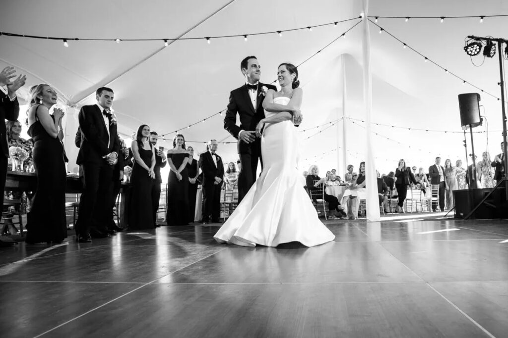 bride and groom first dance black and white photo