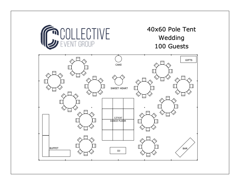 Diagram of a 40' by 60' Pole Tent for a Wedding with 100 Guests
