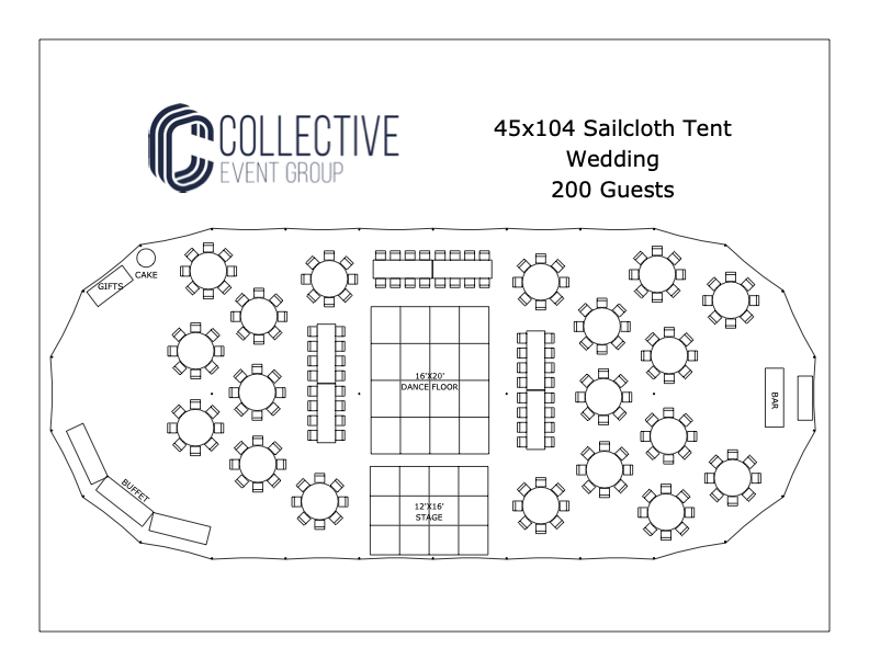 Diagram of a 45' by 104' Sailcloth Tent for a 200 Guest Wedding