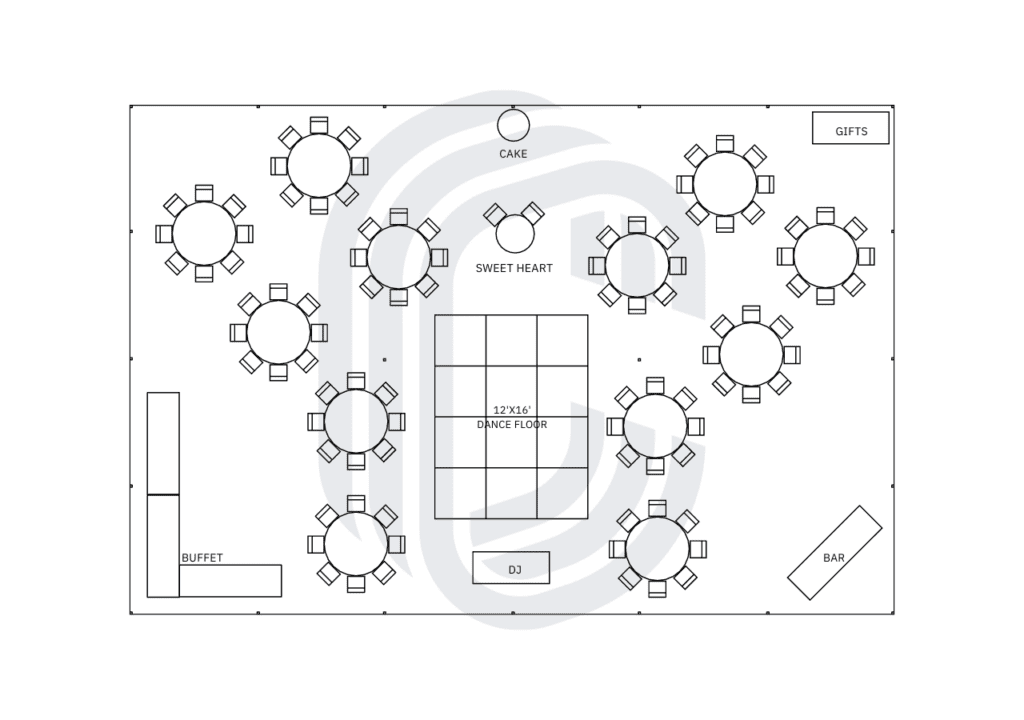 Diagram of a 40' by 60' tent layout for 100 guests for a Wedding