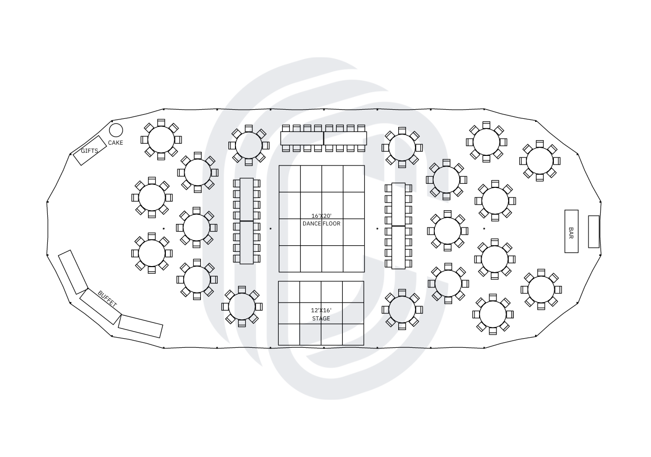 Diagram of a 200 person wedding under a 45' by 104' sailcloth tent