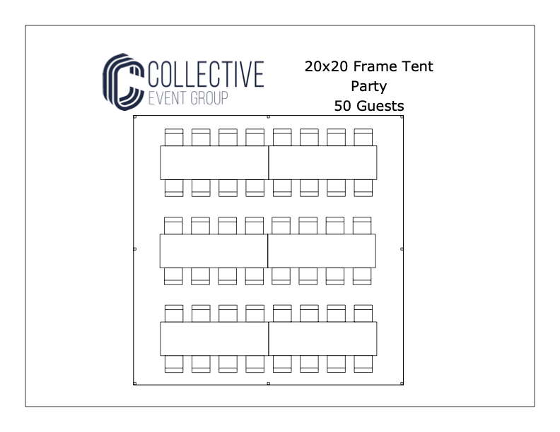 Diagram of a 20' by 20' frame tent with seating for 50 guests at rectangular tables