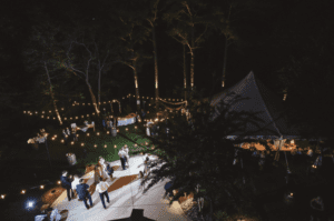 Birds Eye View of Tent and outdoor lighting for a backyard wedding