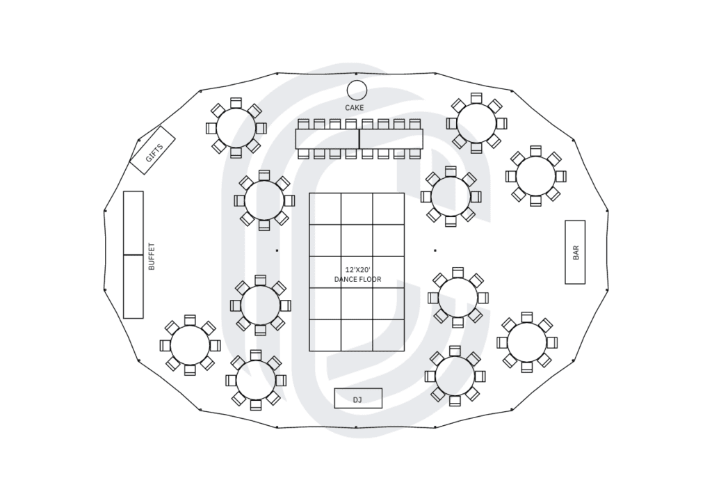 Sailcloth tent layout for 104 wedding guests under a 45' by 64' sailcloth tent