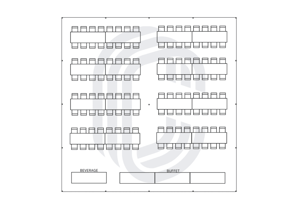 40' by 40' pole tent layout with 130 guests