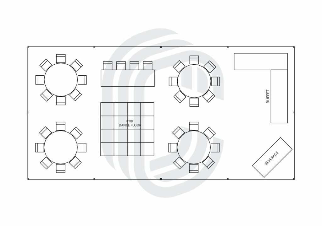 20' by 40' Frame Tent Wedding layout for 36 guests