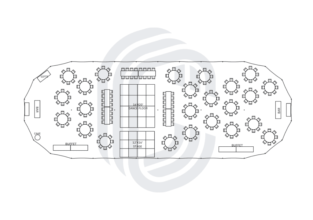 Tent Layout for 240 Guests Under a 45' by 124' Sailcloth Tent