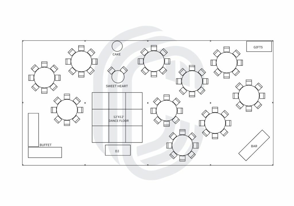 30' by 60' Pole Tent Layout for an 80 Guest Wedding