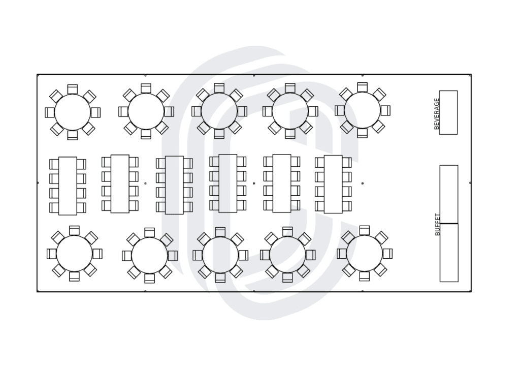 30' by 60' pole tent layout for 128 Guests