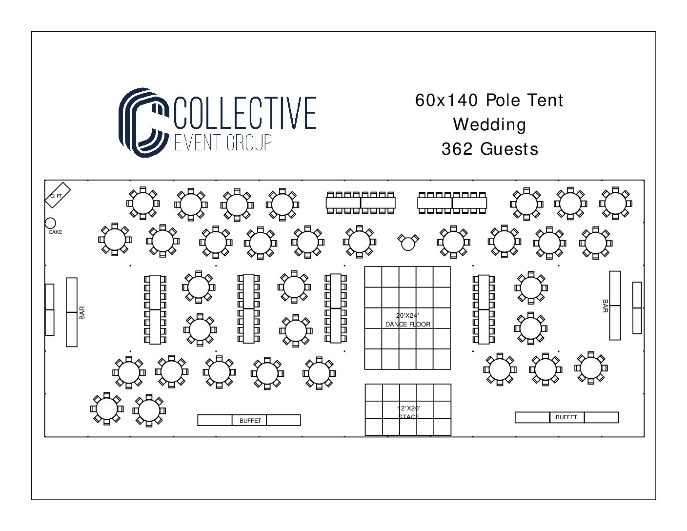 45' by 124' Sailcloth Tent Layout for a 216 Guest Wedding