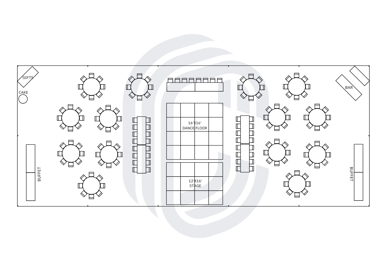 40' by 100' Frame Tent layout for a 152 guest wedding