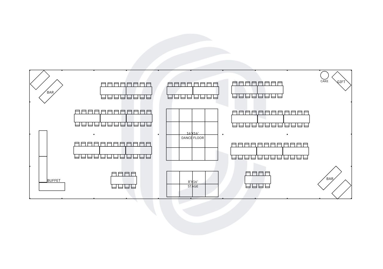 40' by 100' Tent Layout for a 160 Guest Wedding with Banquet Seating