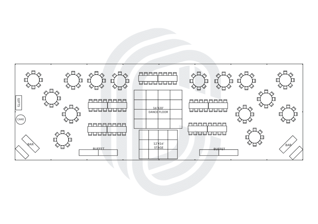 40' by 120' Frame tent layout for 200 guest wedding