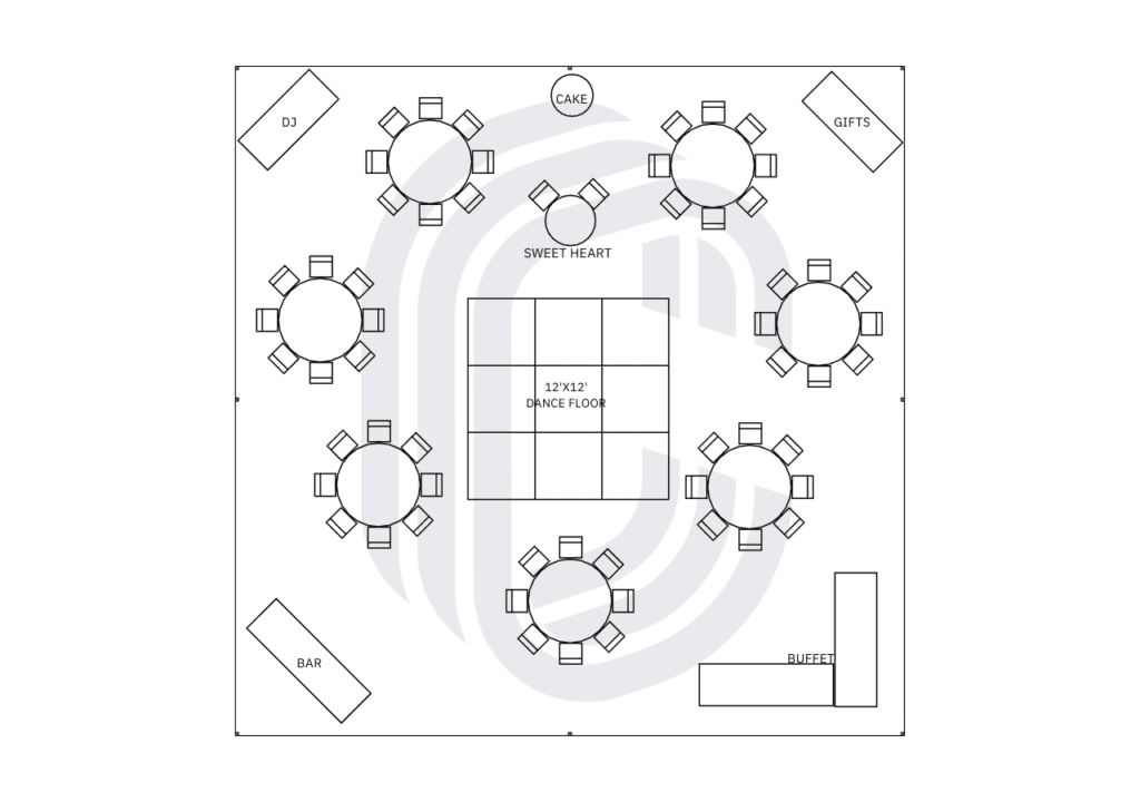 40' by 40' Frame Tent wedding layout for 58 guests