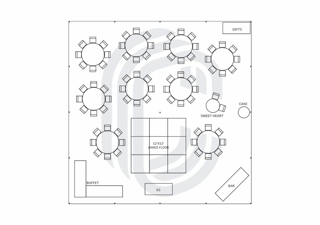 40' by 40' Pole Tent Layout for a 75 Guest Wedding