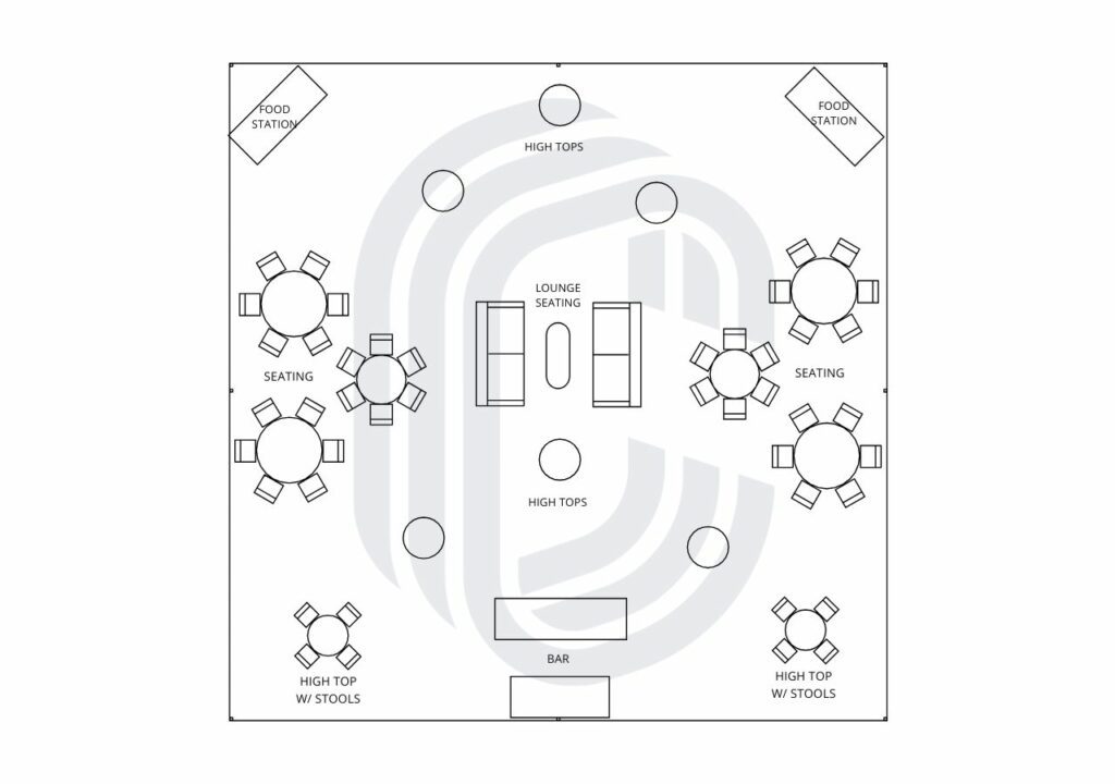 40' by 40' Tent Layout for a 100 Guest cocktail party