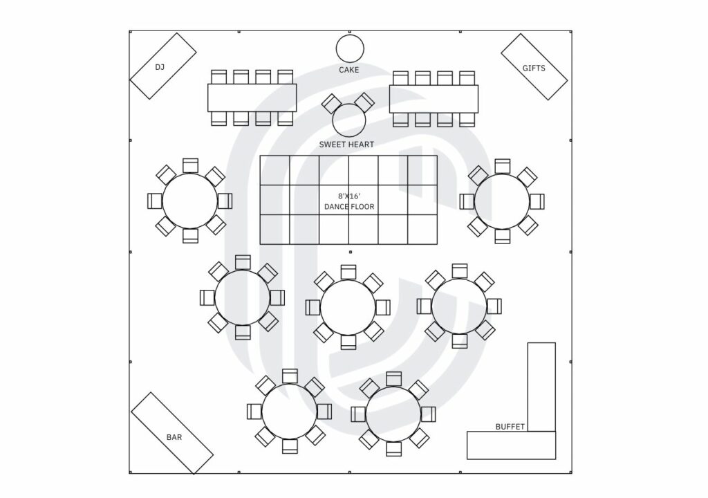 40' by 40' Tent Layout for 72 guests