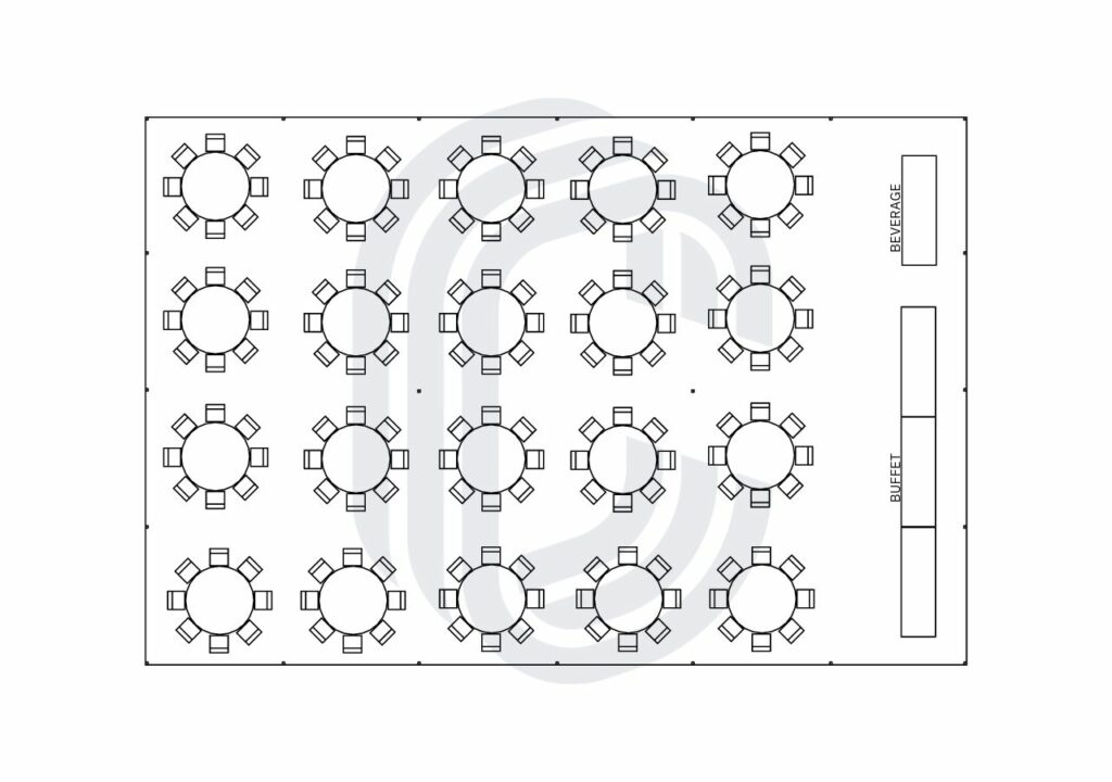 40' by 60' Pole Tent Layout for 160 Guests with Space for a 16' Buffet and a 6' Beverage Station