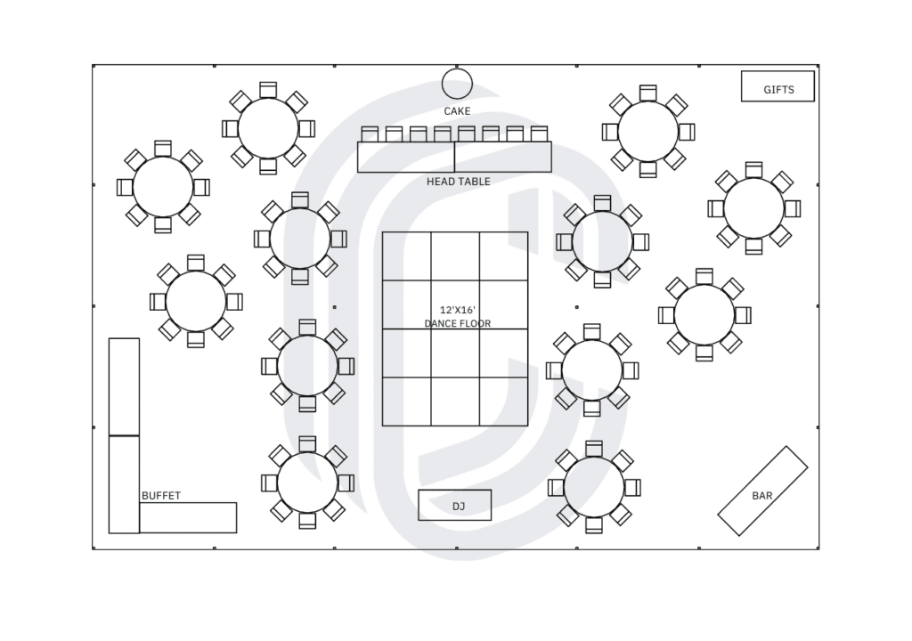 40' by 60' Pole Tent Layout for 104 Guests