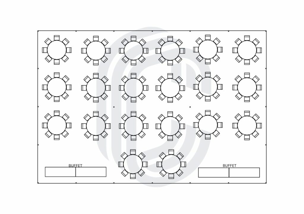 40' by 60' Pole Tent Layout for 160 Guests with Round Tables and Buffet Space Only