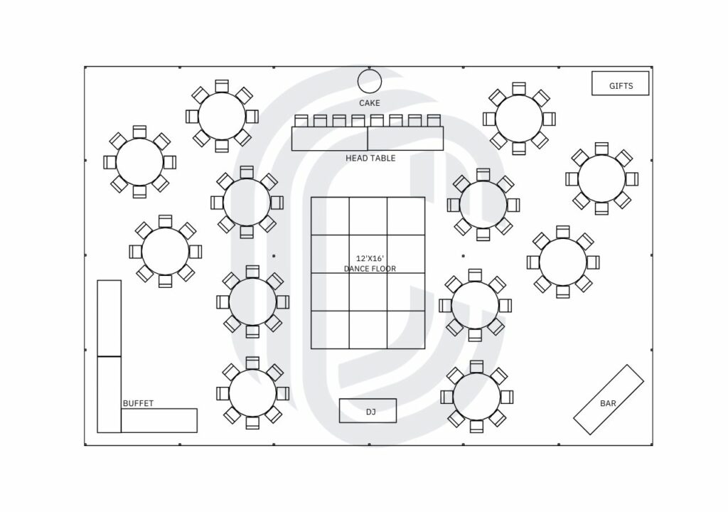 40' by 60' tent layout for 104 guests