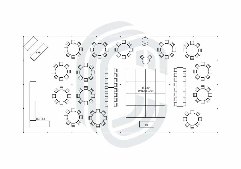 40' by 80' Pole Tent Layout for a 146 Guest Wedding