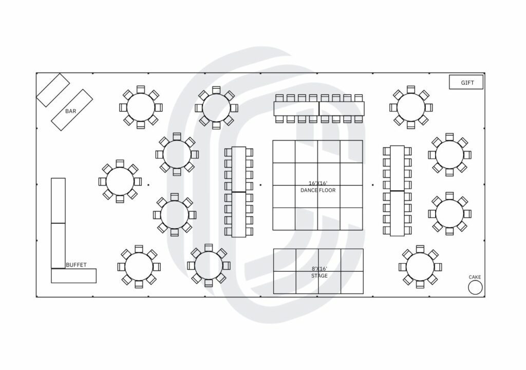 40' by 80' tent layout for a 136 guest wedding