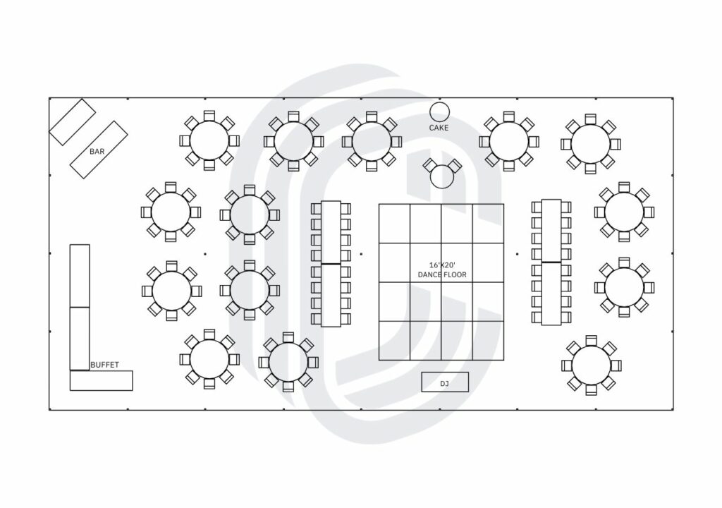 40' by 80' Tent Layout for a 146 Guest Wedding