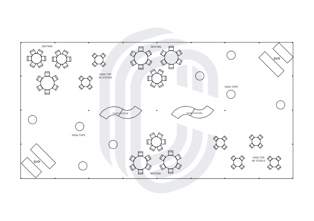 200 person cocktail party layout under a 40x80 pole tent
