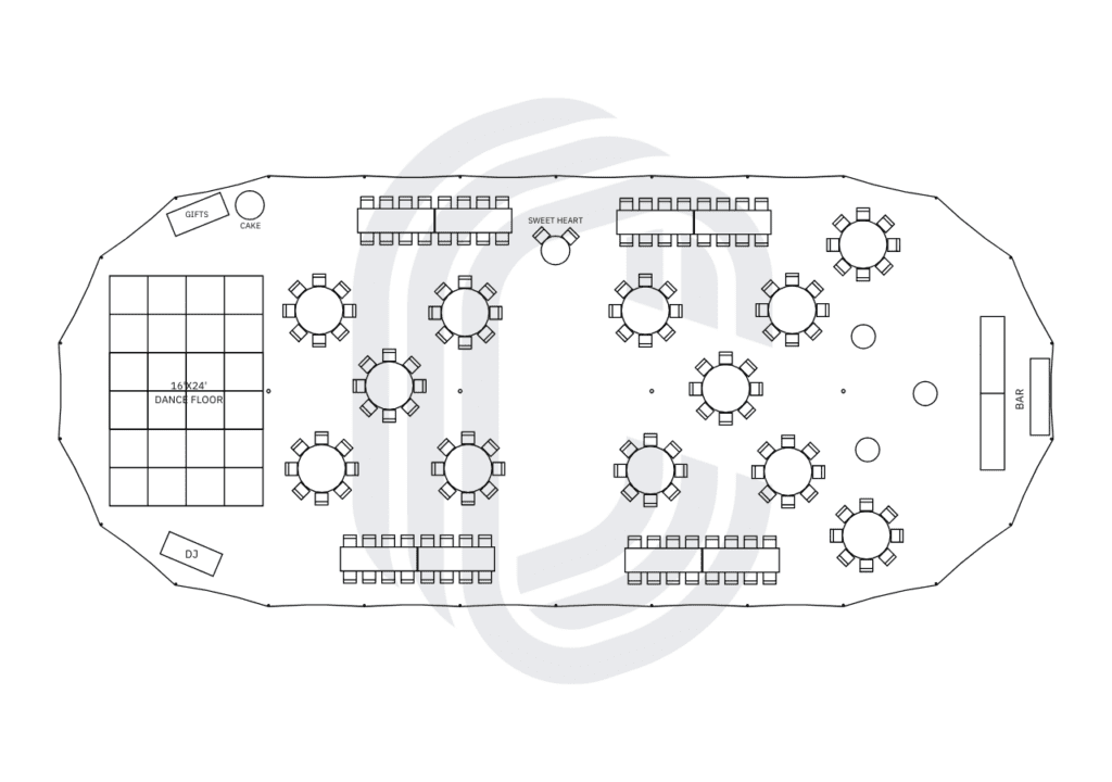 45' by 104' sailcloth tent layout for 162 guest wedding