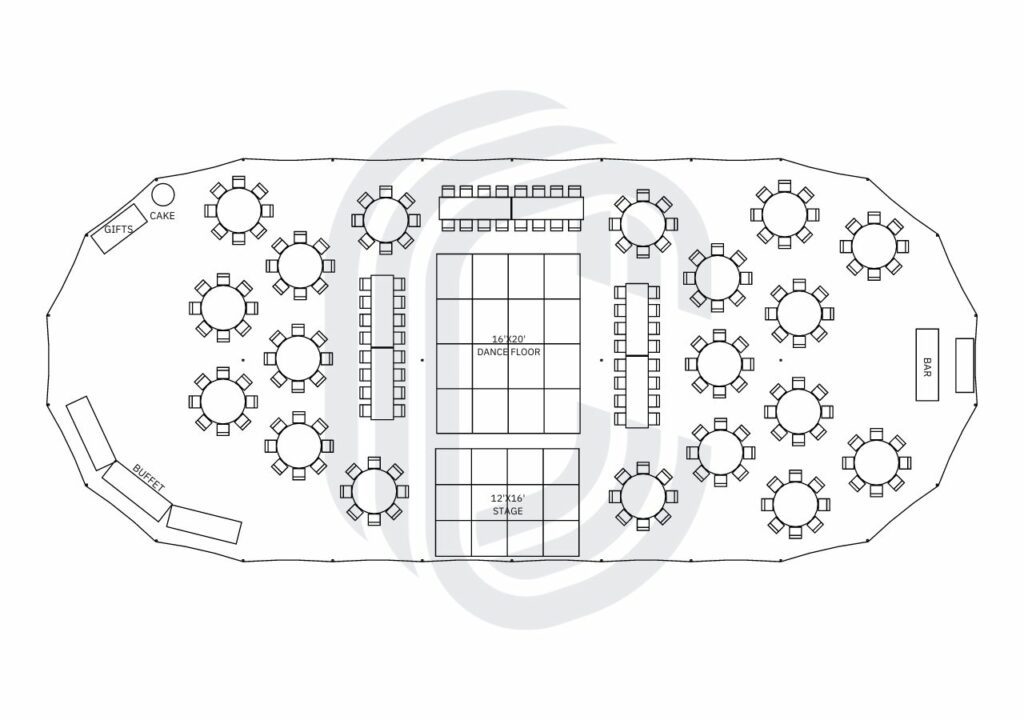 45' by 104' Sailcloth Tent Wedding layout for 200 Guests