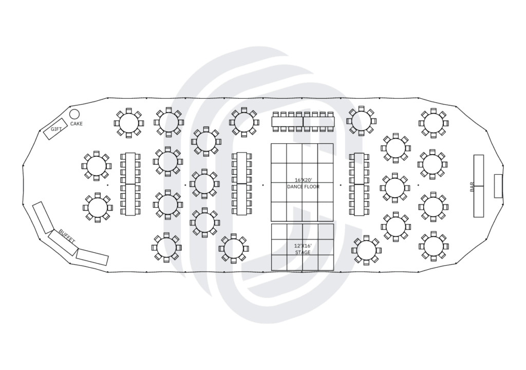 45' by 124' Sailcloth Tent Layout for 232 Guests