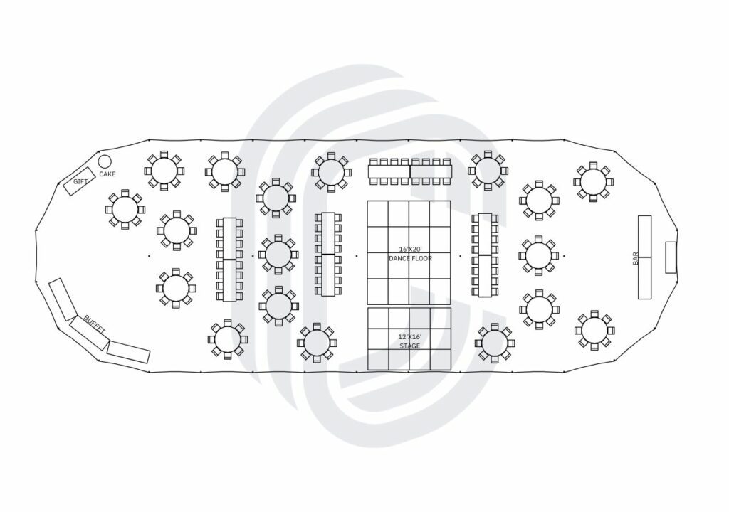 45' by 124' Sailcloth Tent Layout for a 208 Guest Wedding