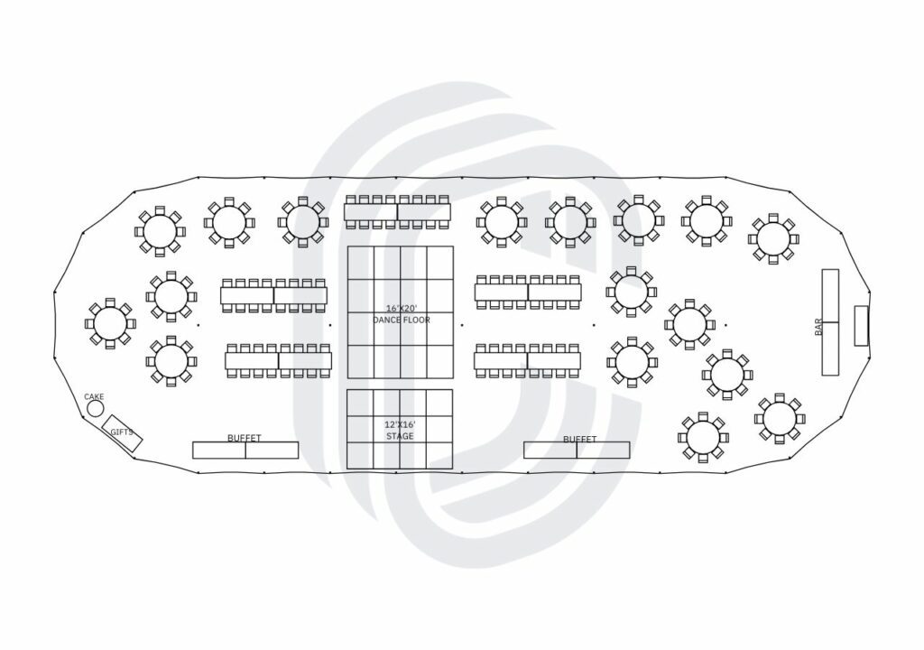 45' by 124' Sailcloth Tent Layout for a 216 Guest Wedding