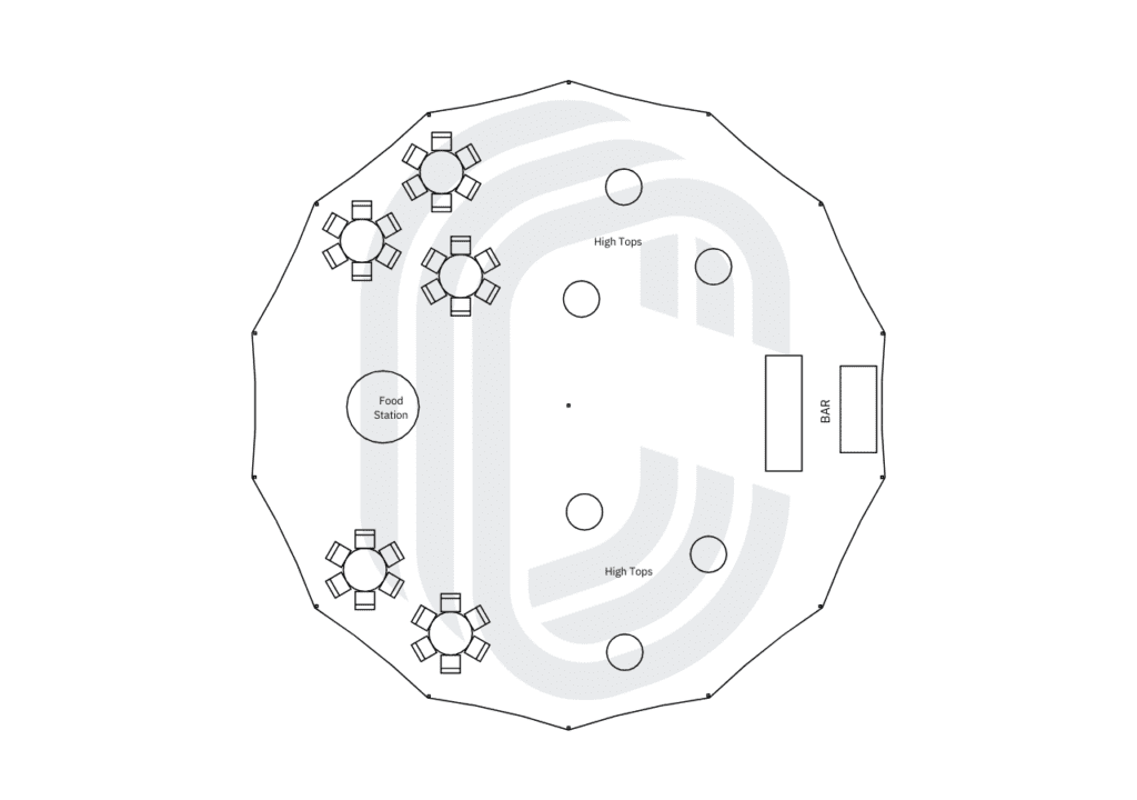 45' by 44' Sailcloth Tent Layout for 125 Guests for a cocktail party