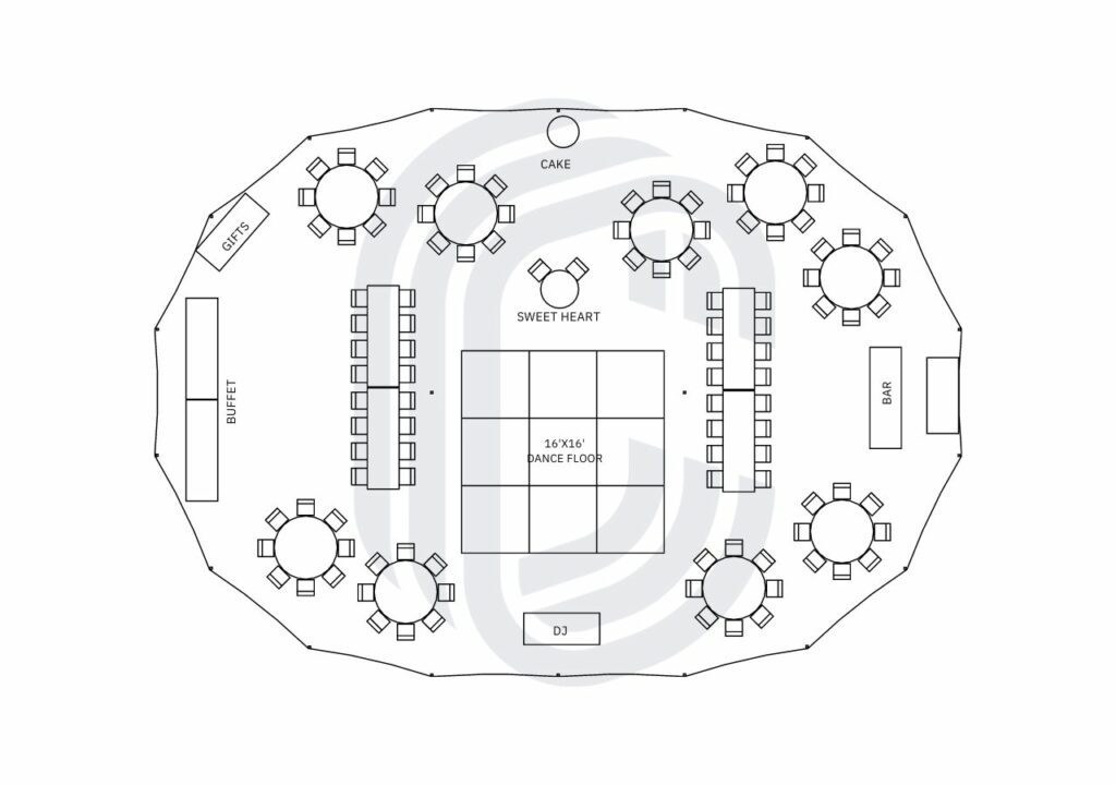 45' by 64' Sailcloth Tent Layout for 106 Guests