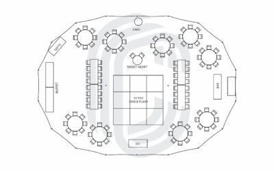 45′ by 64′ Sailcloth Tent Layout for 106 Guests