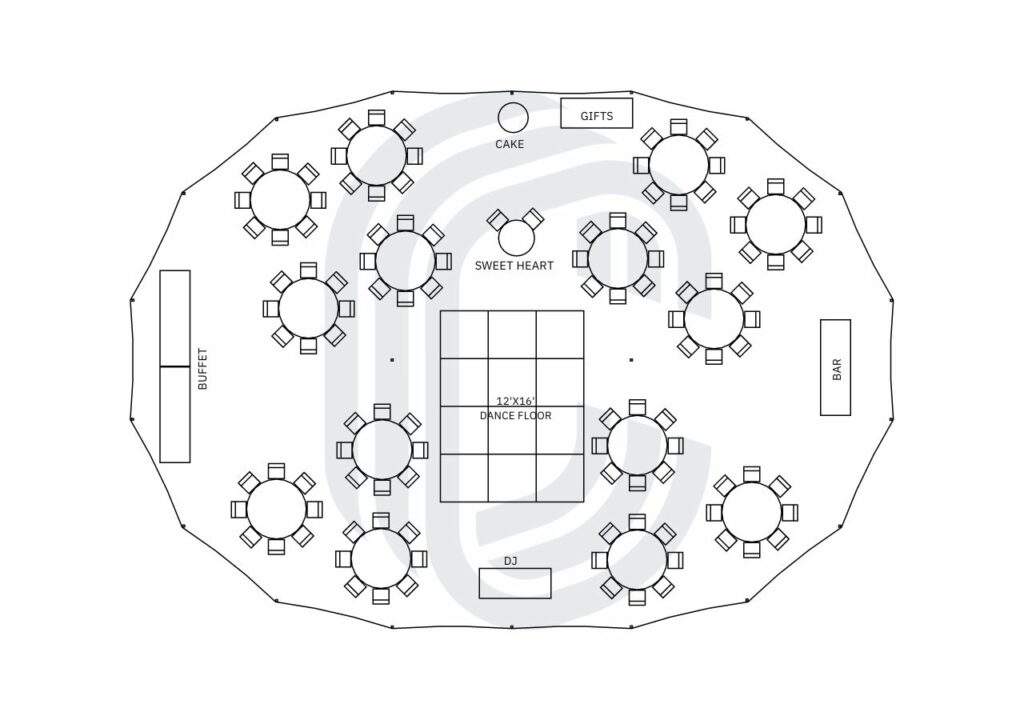 45' by 64' Sailcloth Tent Wedding Layout for 115 Guests