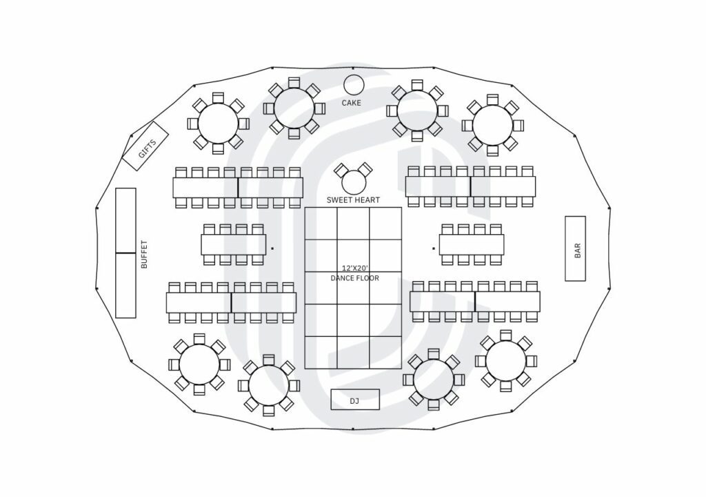 45' by 64' Sailcloth Tent Wedding Layout for 146 Guests