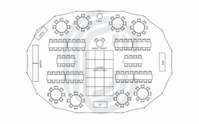 45′ by 64′ Sailcloth Tent Layout for a 146 Guest Wedding