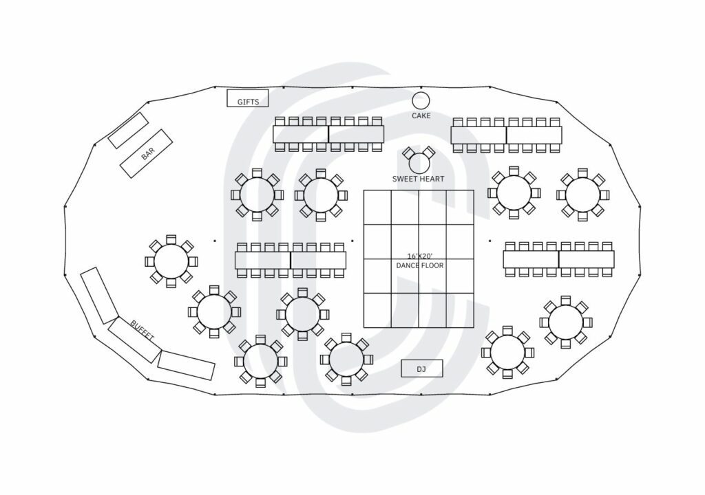 45' by 104' Sailcloth Tent Layout for 154 Guest Wedding