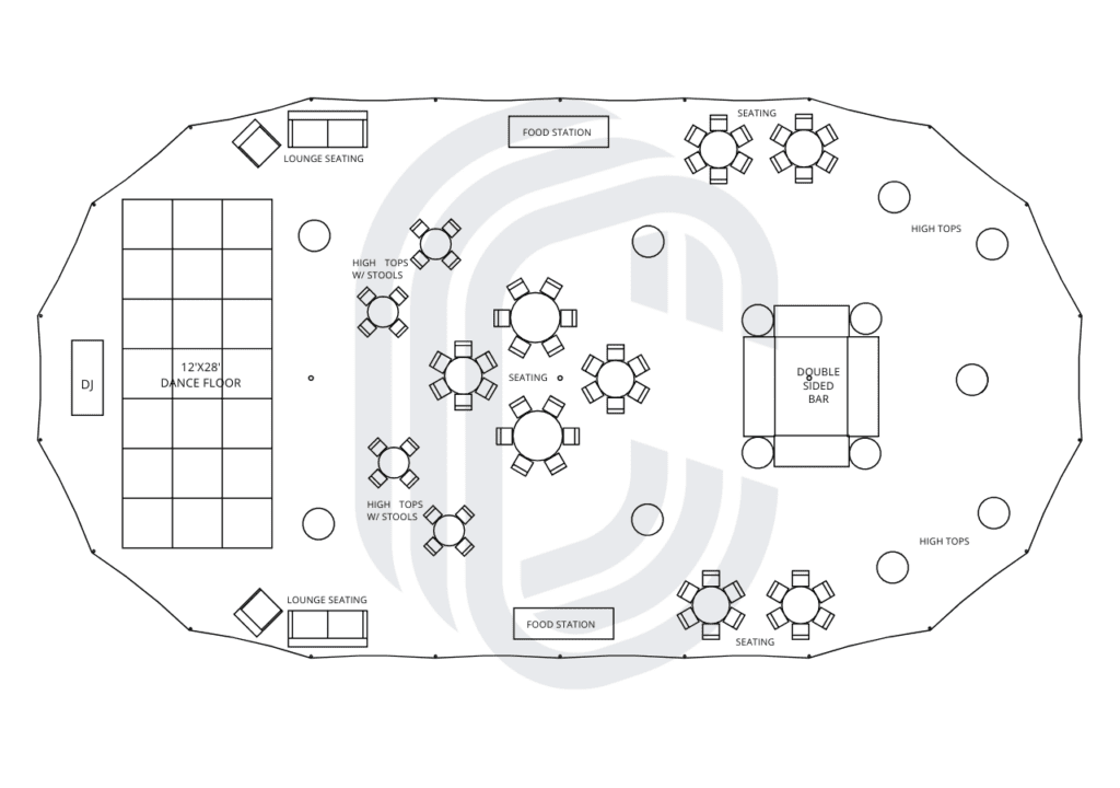 45' by 84' Sailcloth Tent Cocktail Party Layout for 200 Guests